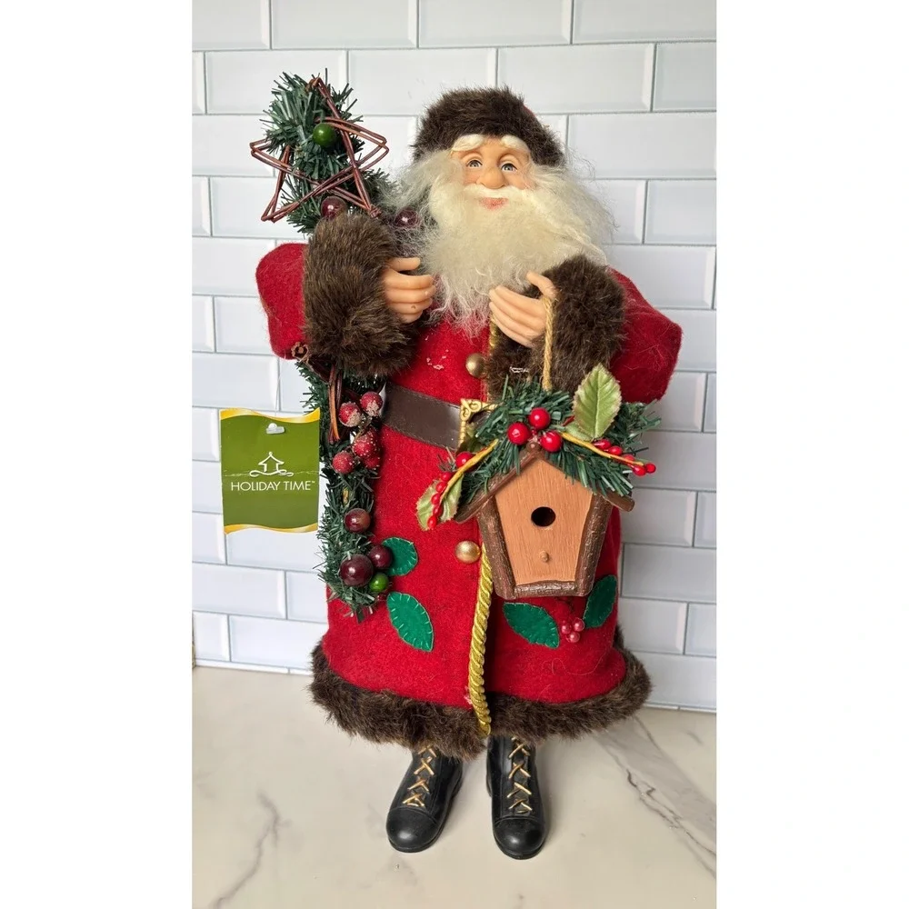 Holiday Time 18 Inch Animal Print Santa Figurine Red Coat Birdhouse Christmas